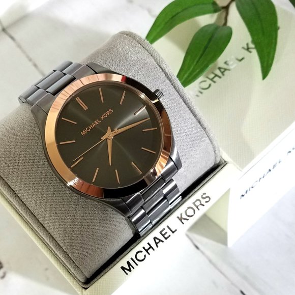 NWT MICHAEL KORS Men's Slim Runway Gunmetal Three-Hand Watch MK8576 - Picture 2 of 9